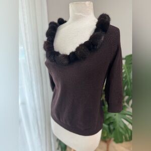 VIE by‎ Victoria Royal Silk Cashmere Sweater w/ Fur Pom Pom Neckline